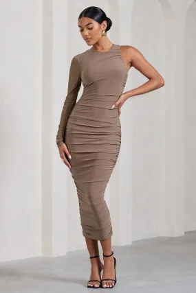 Mocha Bodycon Midi Dress with Sheer Sleeve | Luciene