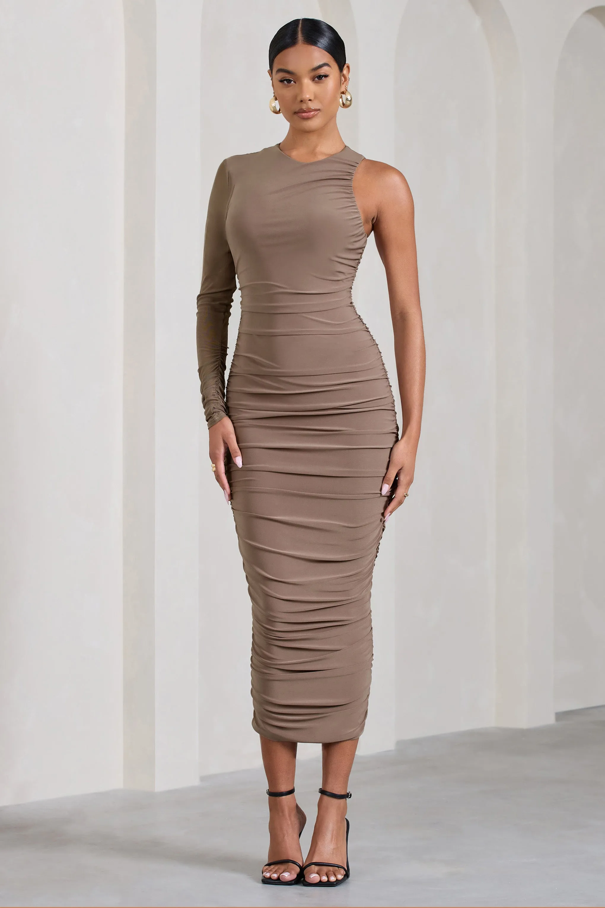 Mocha Bodycon Midi Dress with Sheer Sleeve | Luciene