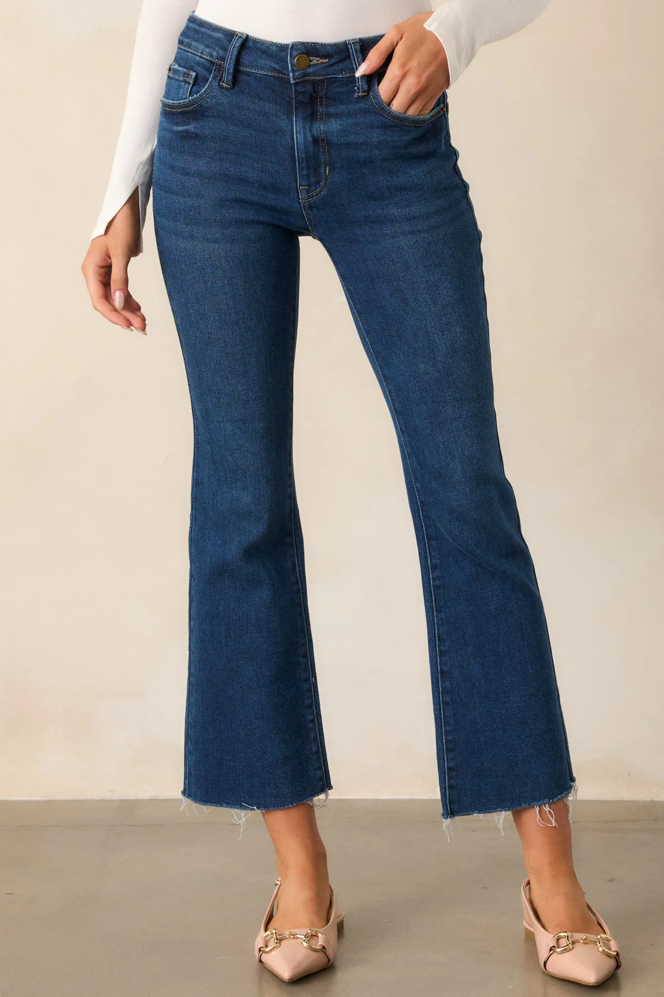 Nightfall Spark Dark Wash Cropped Raw Edge Flare Jeans