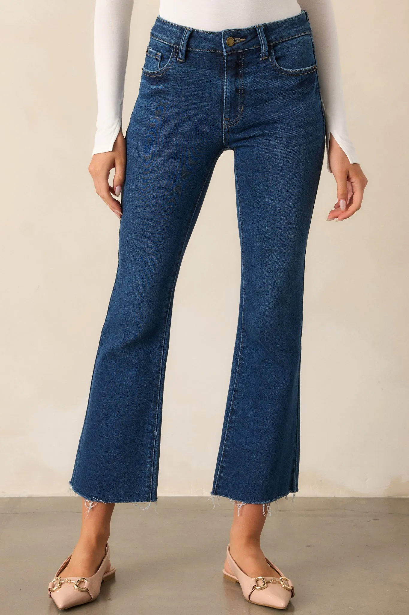 Nightfall Spark Dark Wash Cropped Raw Edge Flare Jeans