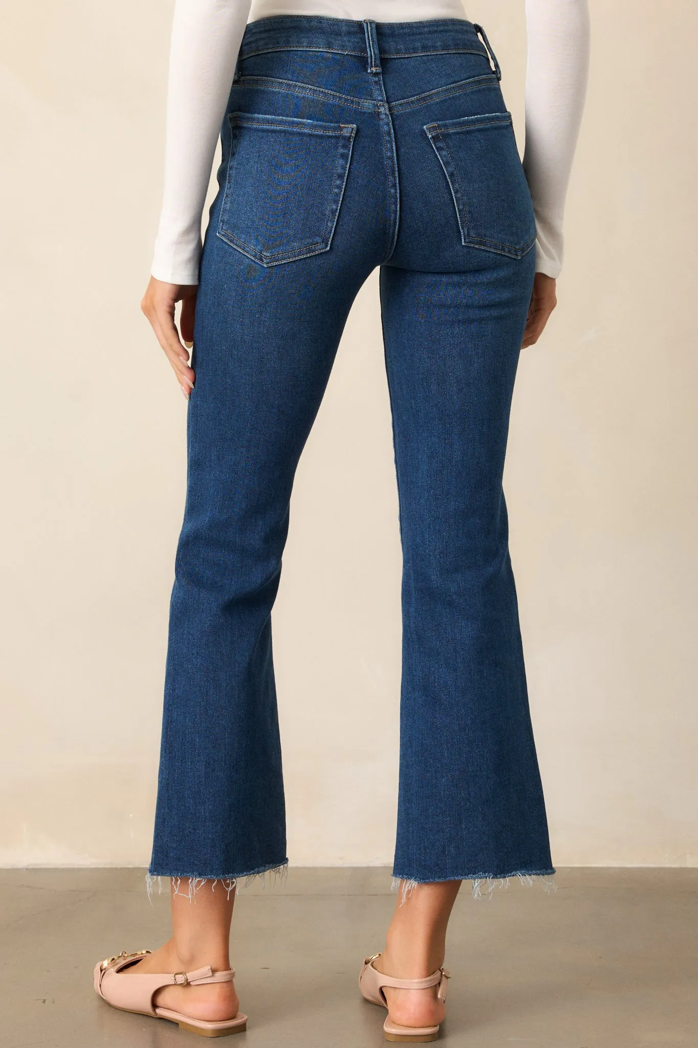 Nightfall Spark Dark Wash Cropped Raw Edge Flare Jeans