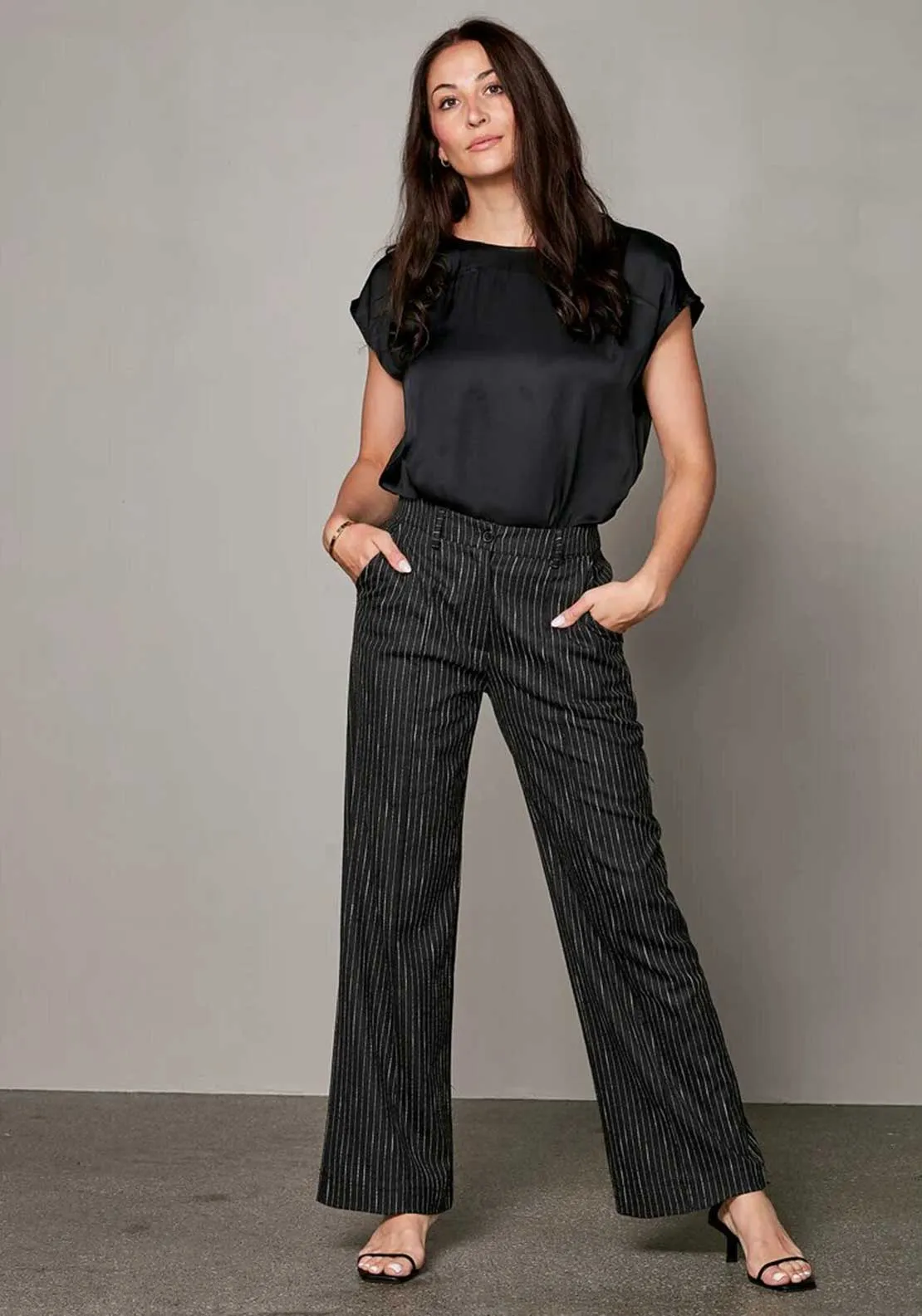 Nu Denmark Wide Leg Pinstripe Trousers, Charcoal Grey