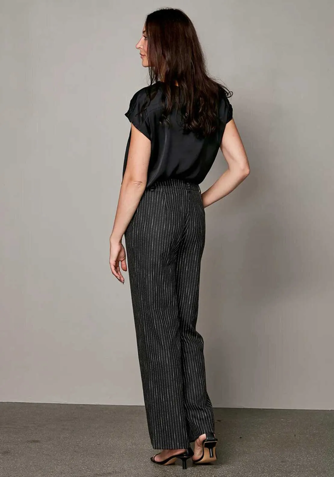 Nu Denmark Wide Leg Pinstripe Trousers, Charcoal Grey