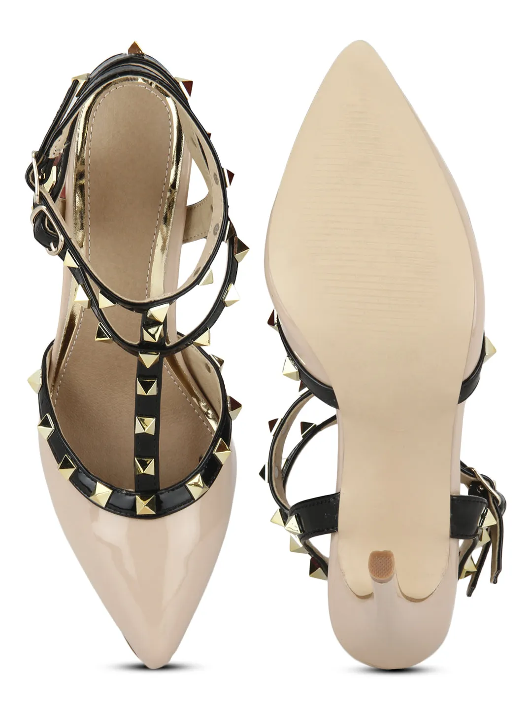 Nude Black Studded Strappy Stiletto Heels