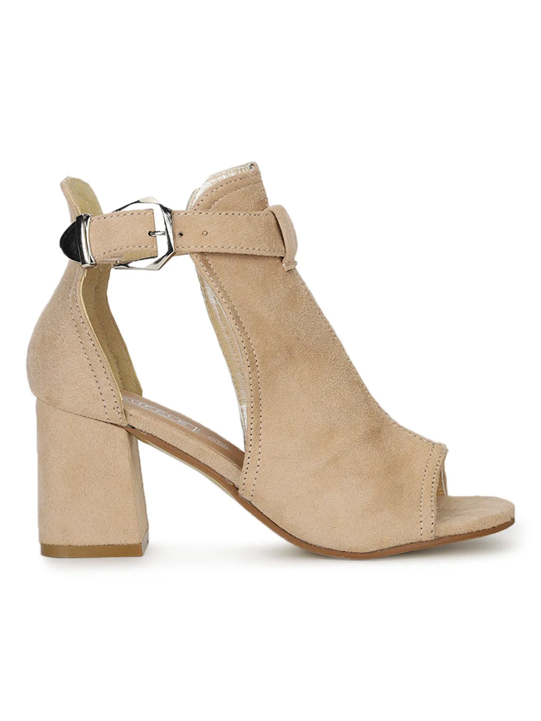 Nude Micro Buckle Peep Toe Block Heels