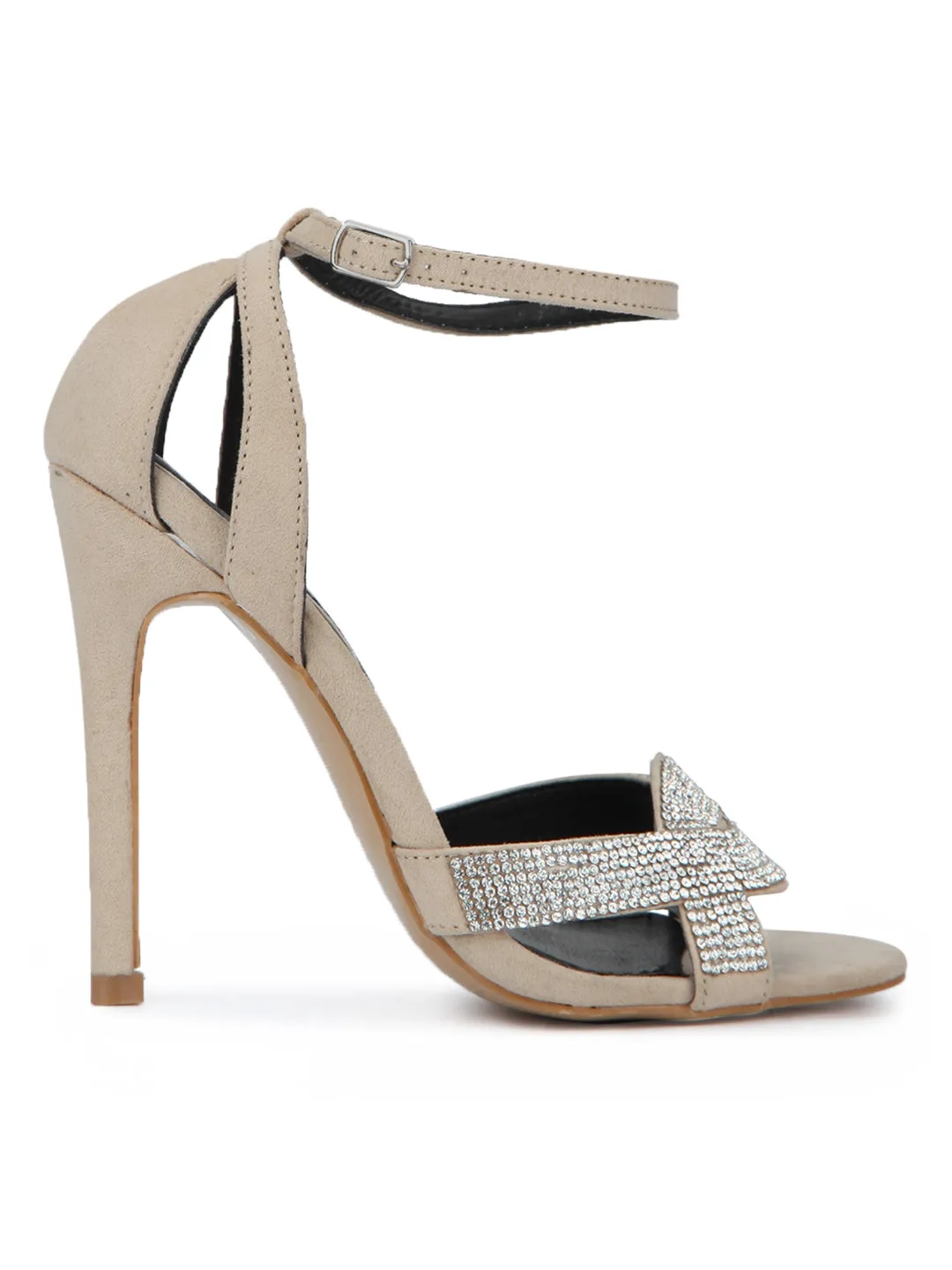 Nude Micro Diamante Crossover Ankle Strap Low Stiletto Heels