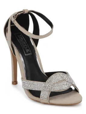 Nude Micro Diamante Crossover Ankle Strap Low Stiletto Heels