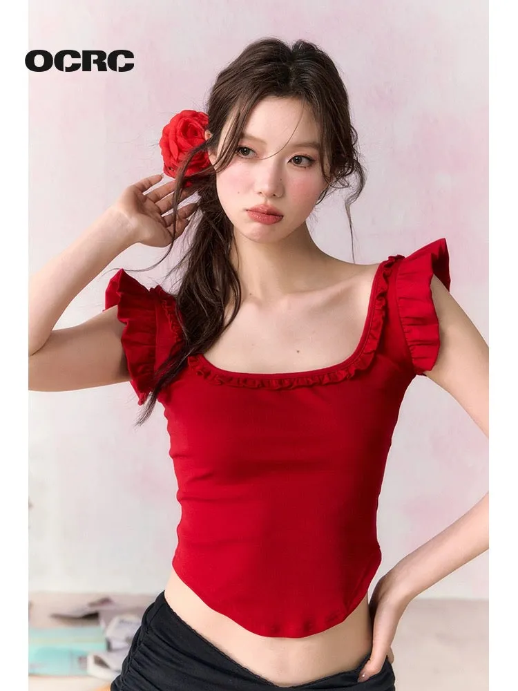 OCRC Official Red Hot Girl Small Fly Sleeve Camisole Top Women's Summer Reversible Slim Short T-shirt