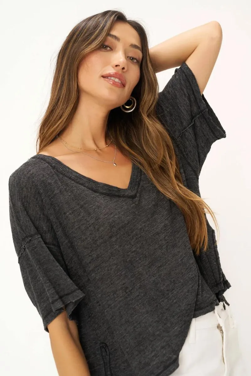 Raw V Neck Textured Tee for Oh Girl