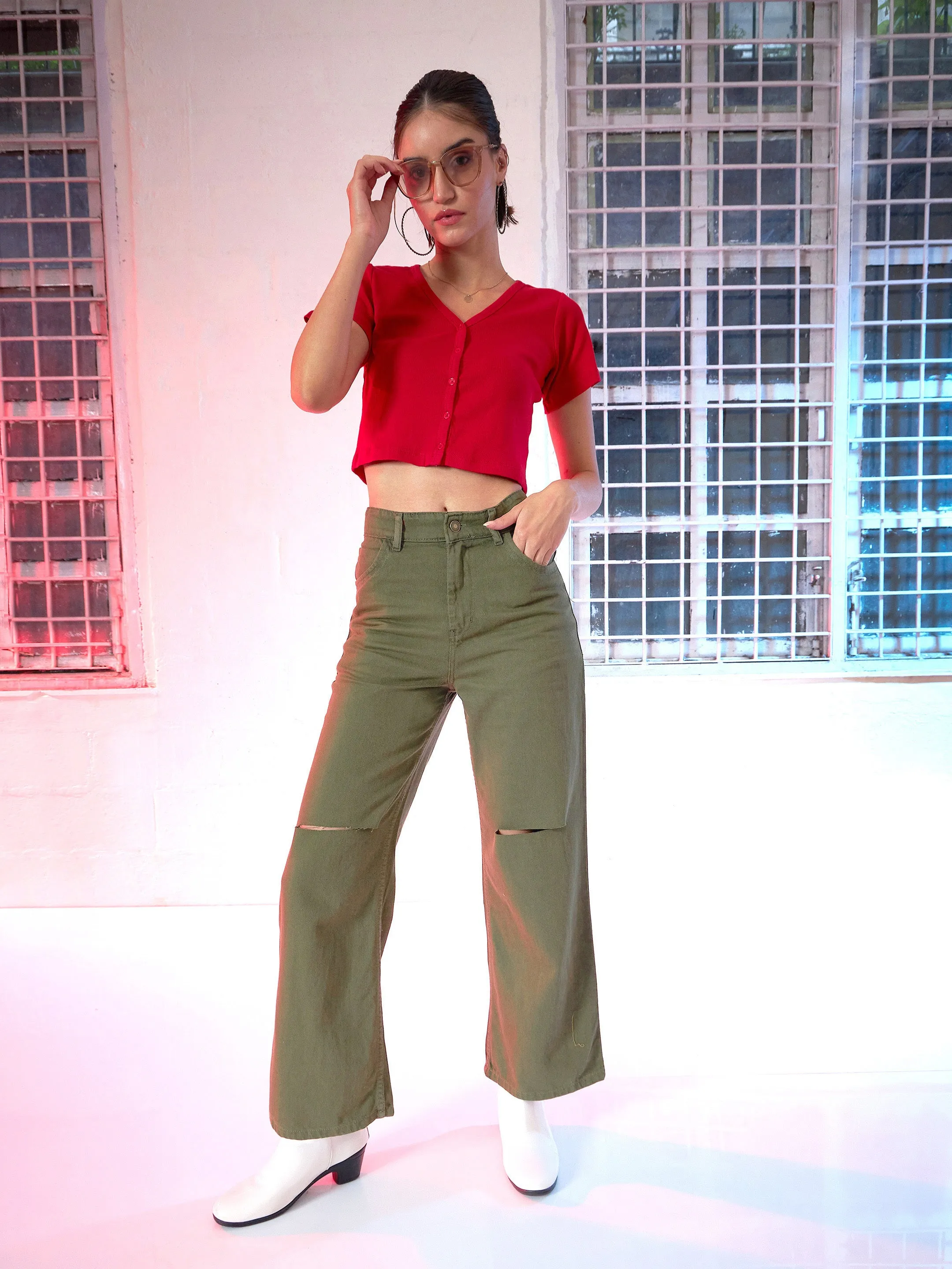 Olive Wide Leg Mid Rise Knee-Slit Jeans