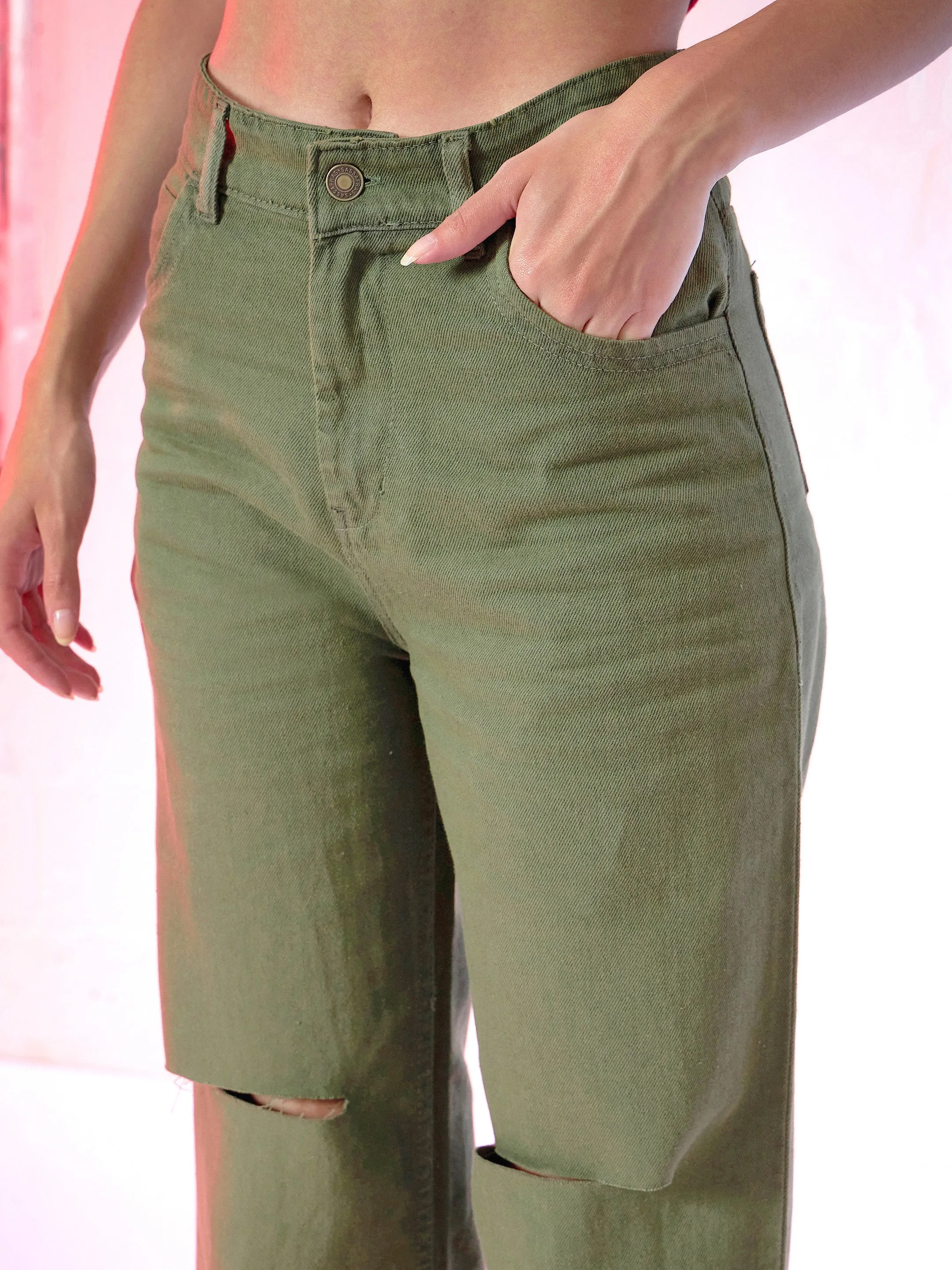 Olive Wide Leg Mid Rise Knee-Slit Jeans