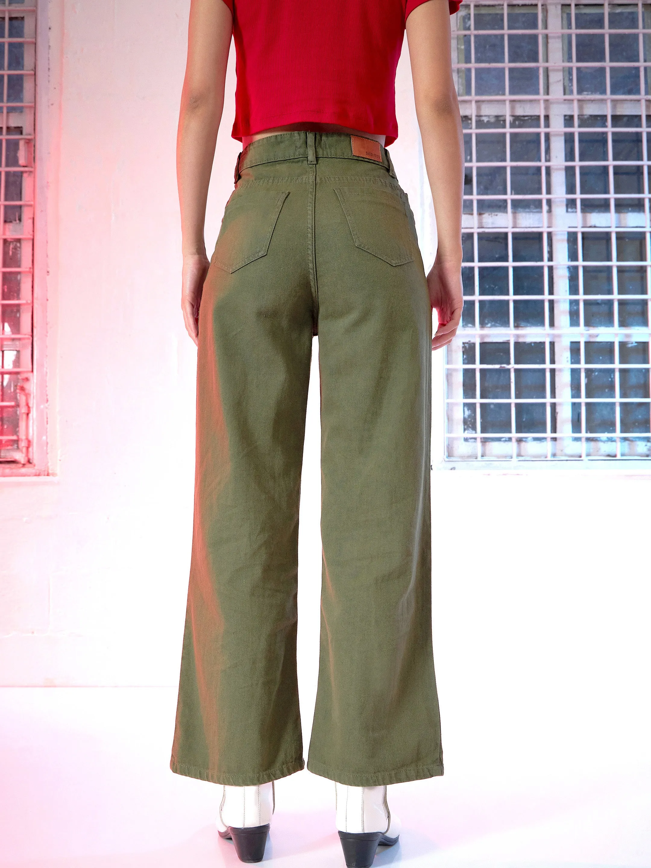 Olive Wide Leg Mid Rise Knee-Slit Jeans