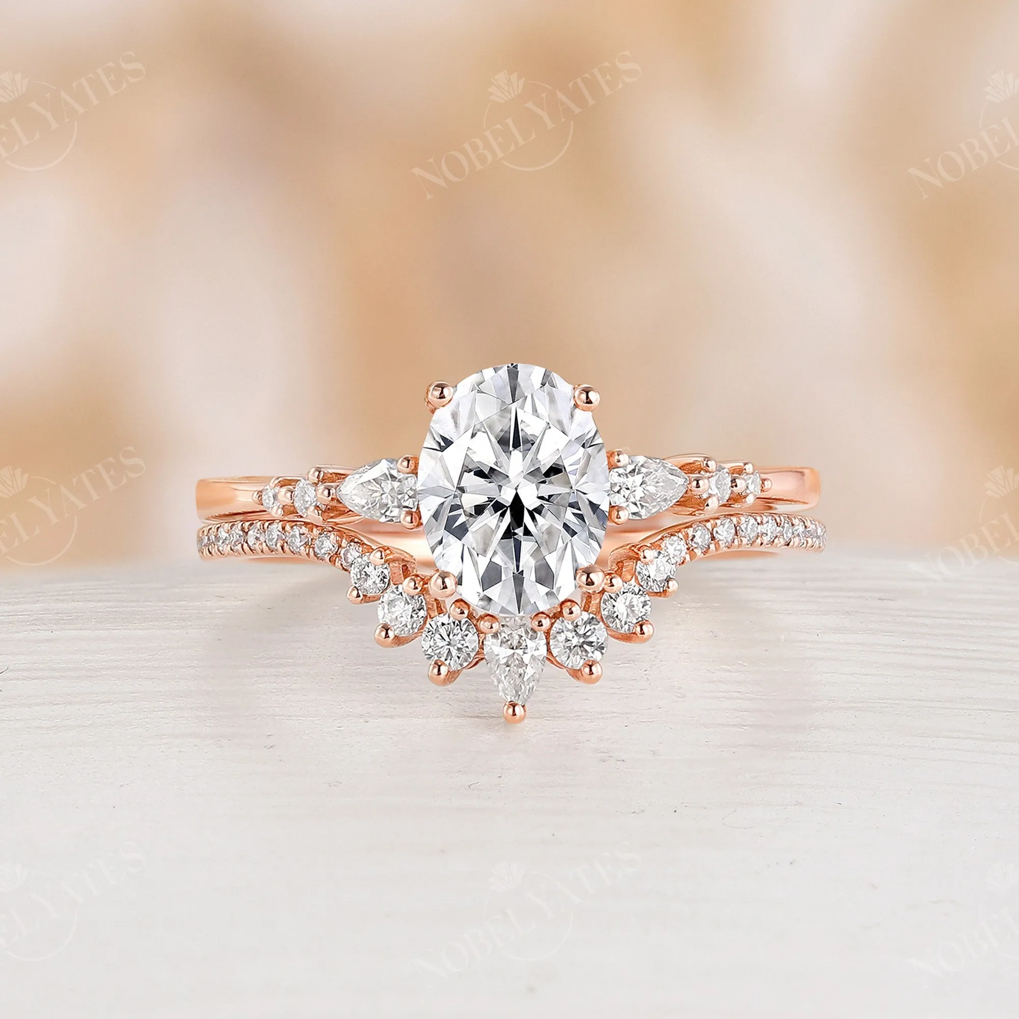 Oval Moissanite Rose Gold Engagement Ring Set Curved Band