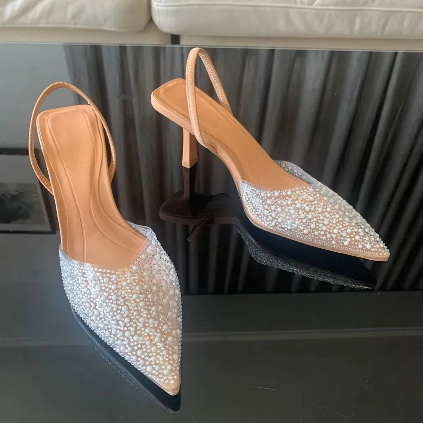 Pearl Decoration Slingback Woman Pumps