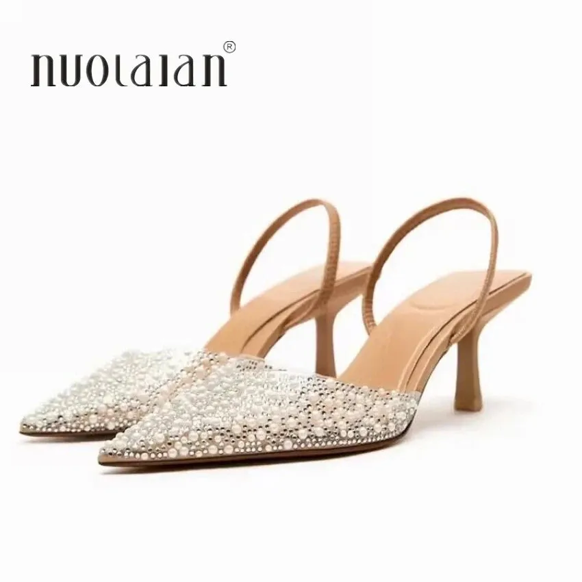 Pearl Decoration Slingback Woman Pumps