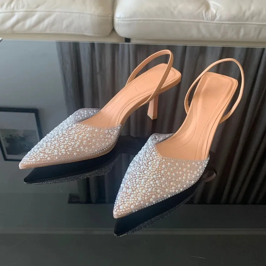 Pearl Decoration Slingback Woman Pumps