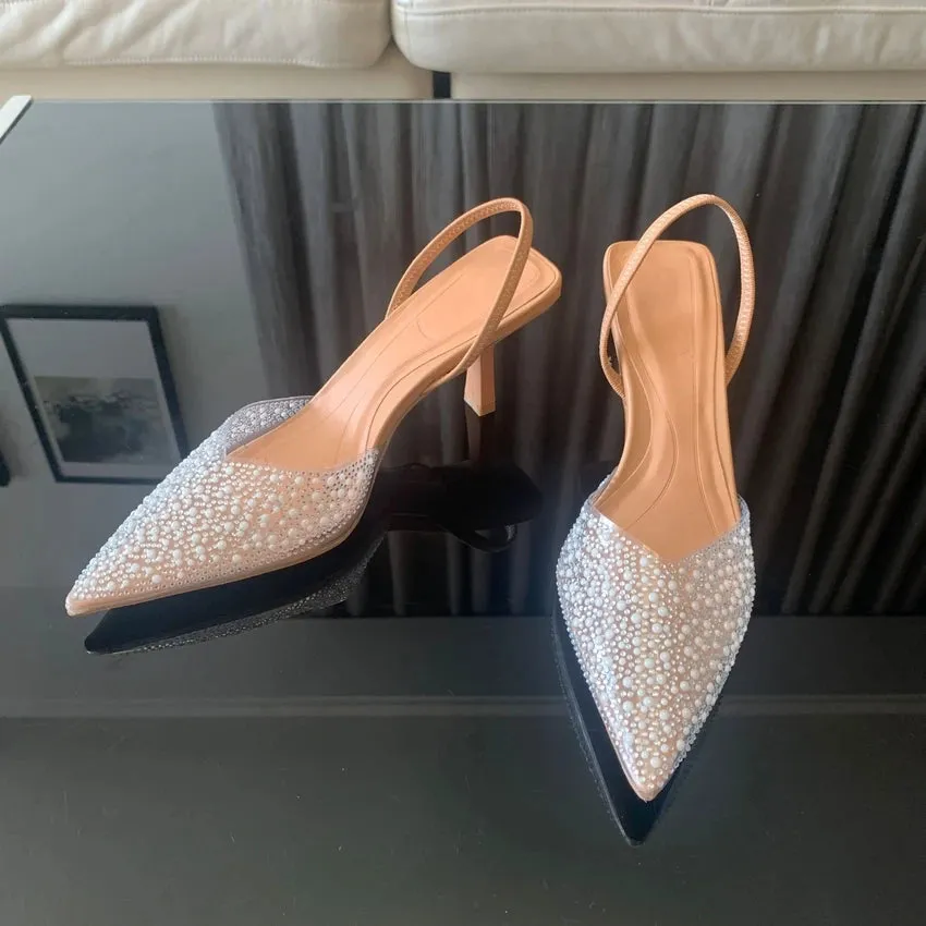 Pearl Decoration Slingback Woman Pumps