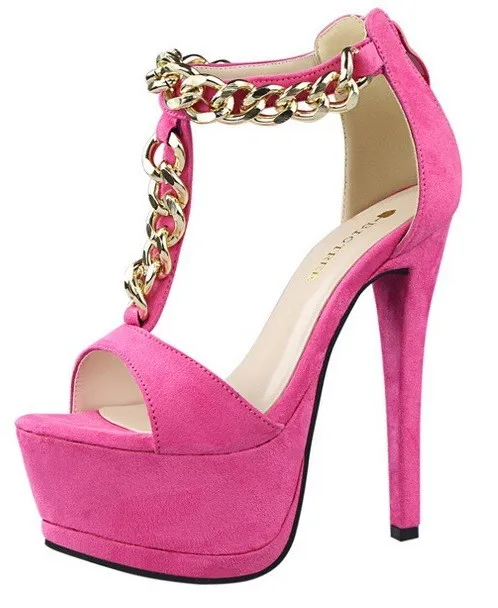 Fushia Suede Gold Chain High Heels