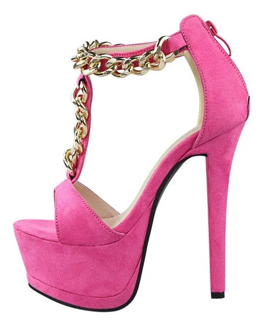 Fushia Suede Gold Chain High Heels