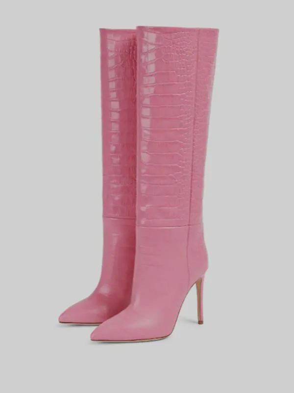 Pointed Toe Pink Knee-High Boots with Croc Pattern