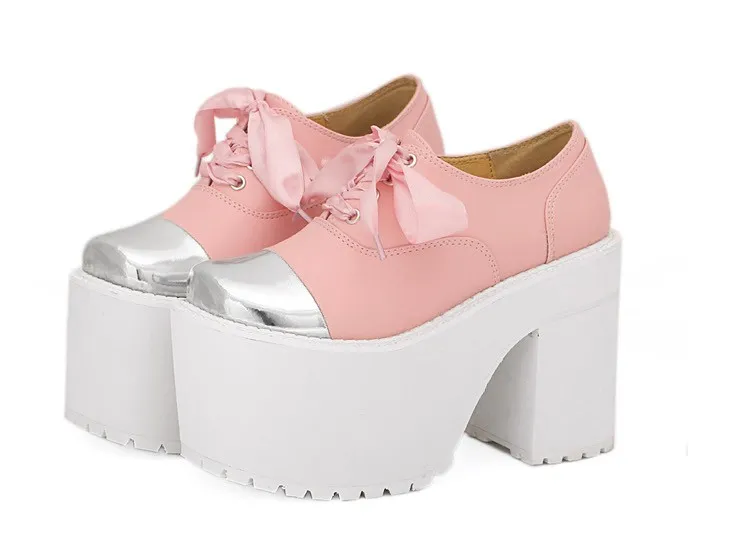 Pink Metal Cap Ribbon Lace Up Lolita Punk Rock Creepers Platforms High Heels Shoes