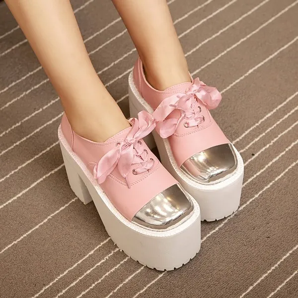 Pink Metal Cap Ribbon Lace Up Lolita Punk Rock Creepers Platforms High Heels Shoes