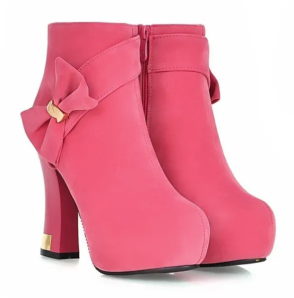 Pink suede high heels boots with gold metal bow