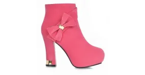 Pink suede high heels boots with gold metal bow