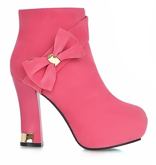 Pink suede high heels boots with gold metal bow