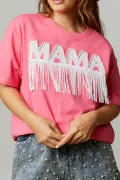 Pink Tee with Pearl and Fringe Detail for Moms 