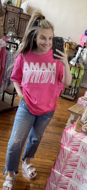 Pink Tee with Pearl and Fringe Detail for Moms 