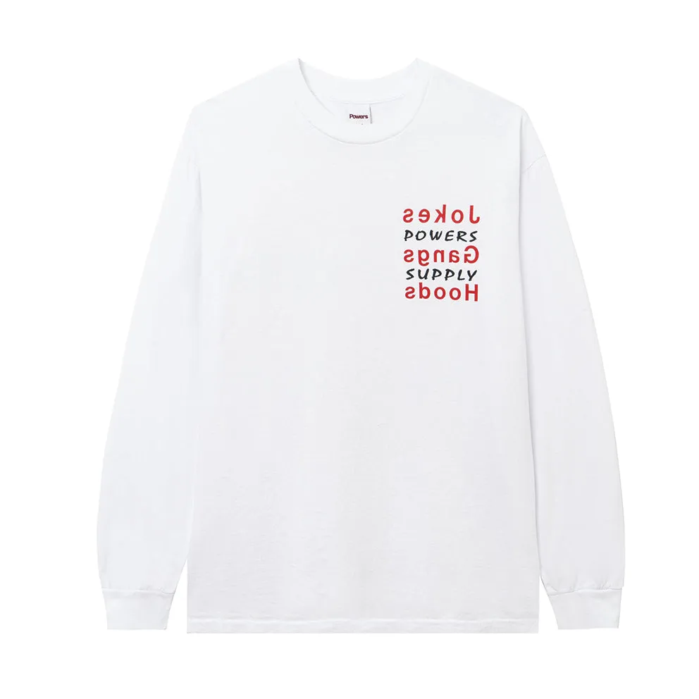 POWERS SUPPLY JOKES GANGS HOODS LS TEE // WHITE