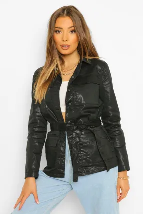 Pu Coated Belted Denim Jacket