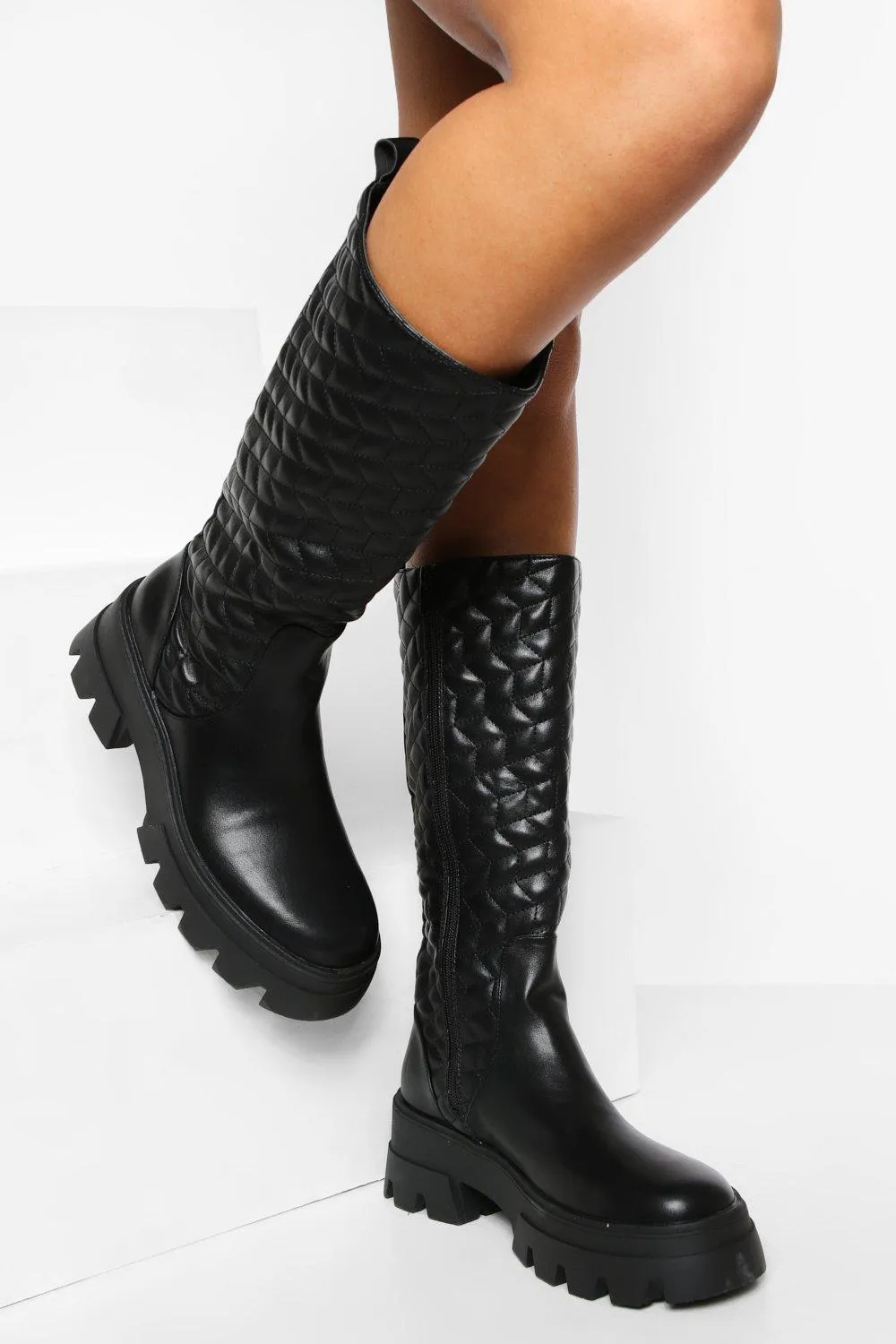 Quilted Calf High Chunky Boots