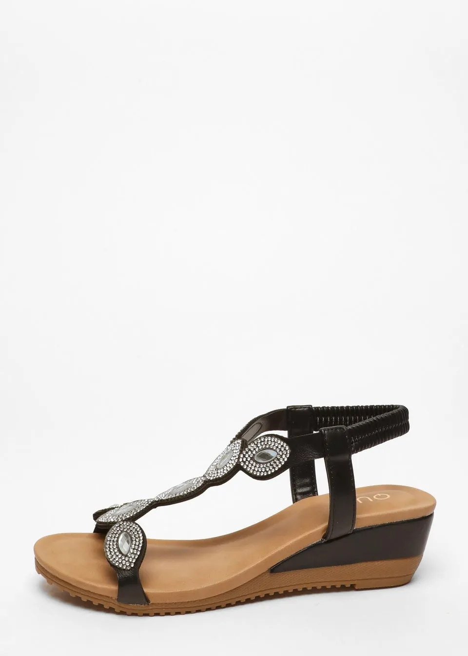 Black Embellished T-Strap Low Wedges by Quiz