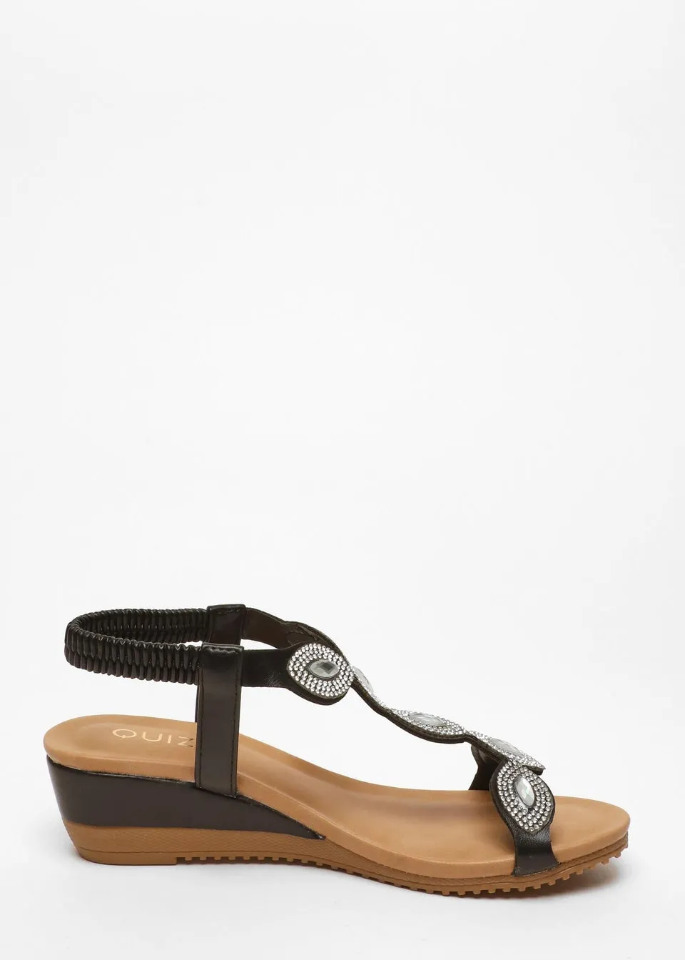 Black Embellished T-Strap Low Wedges by Quiz