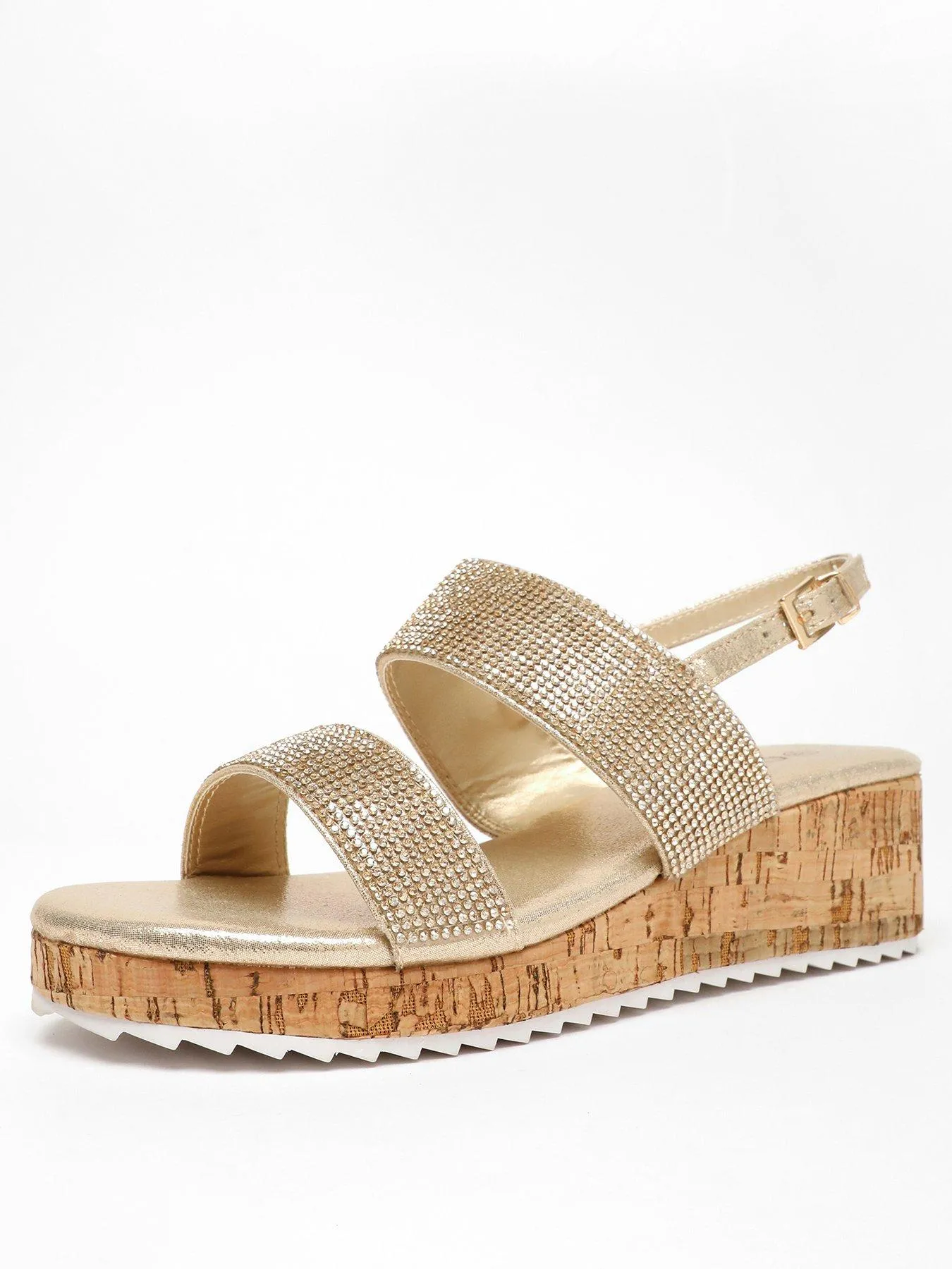 Gold Diamante Double Strap Low Wedges