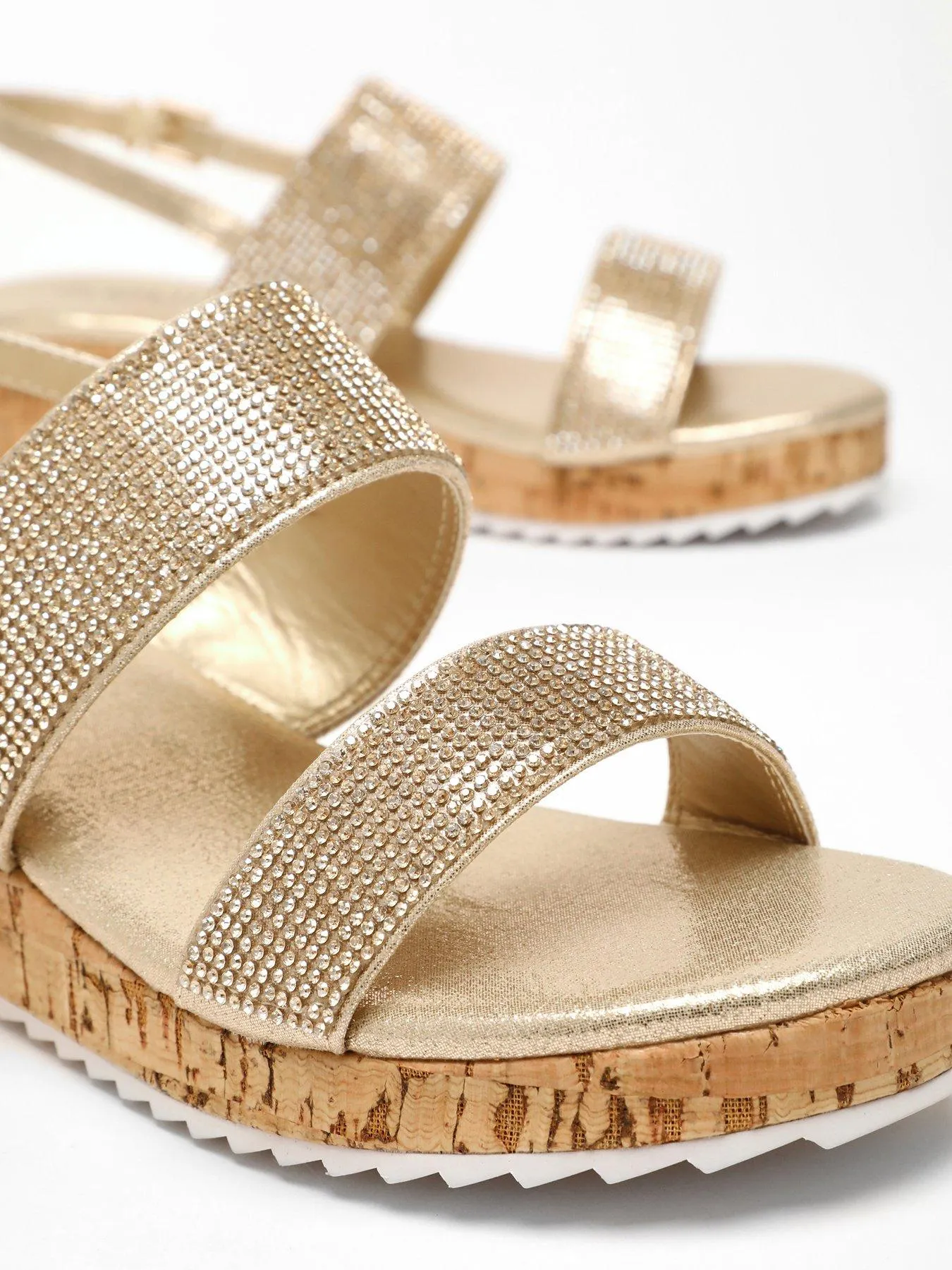 Gold Diamante Double Strap Low Wedges