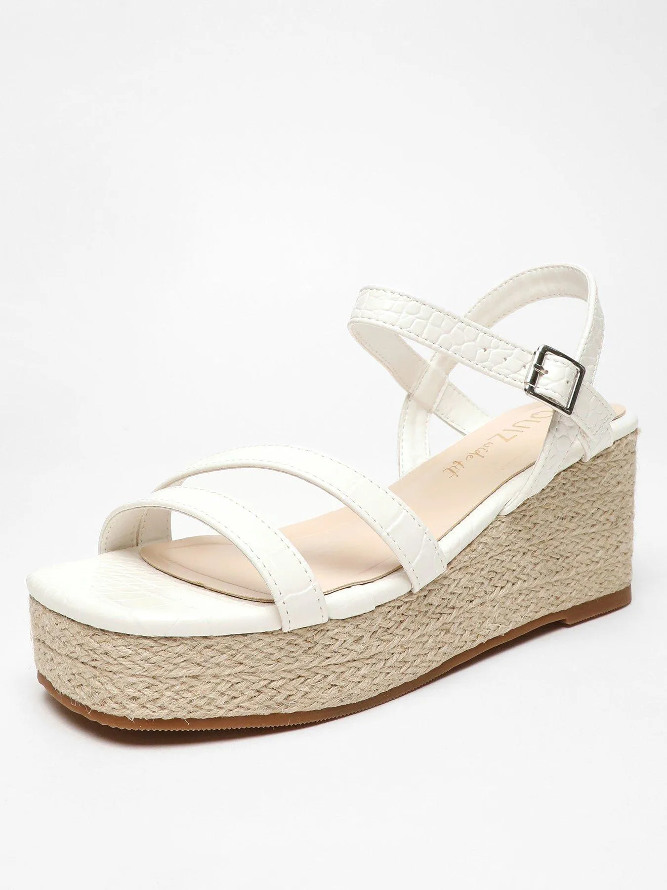 Wide Fit White Leather Croc Wedges