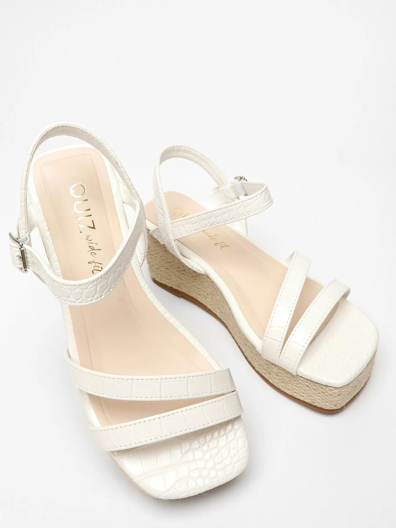 Wide Fit White Leather Croc Wedges