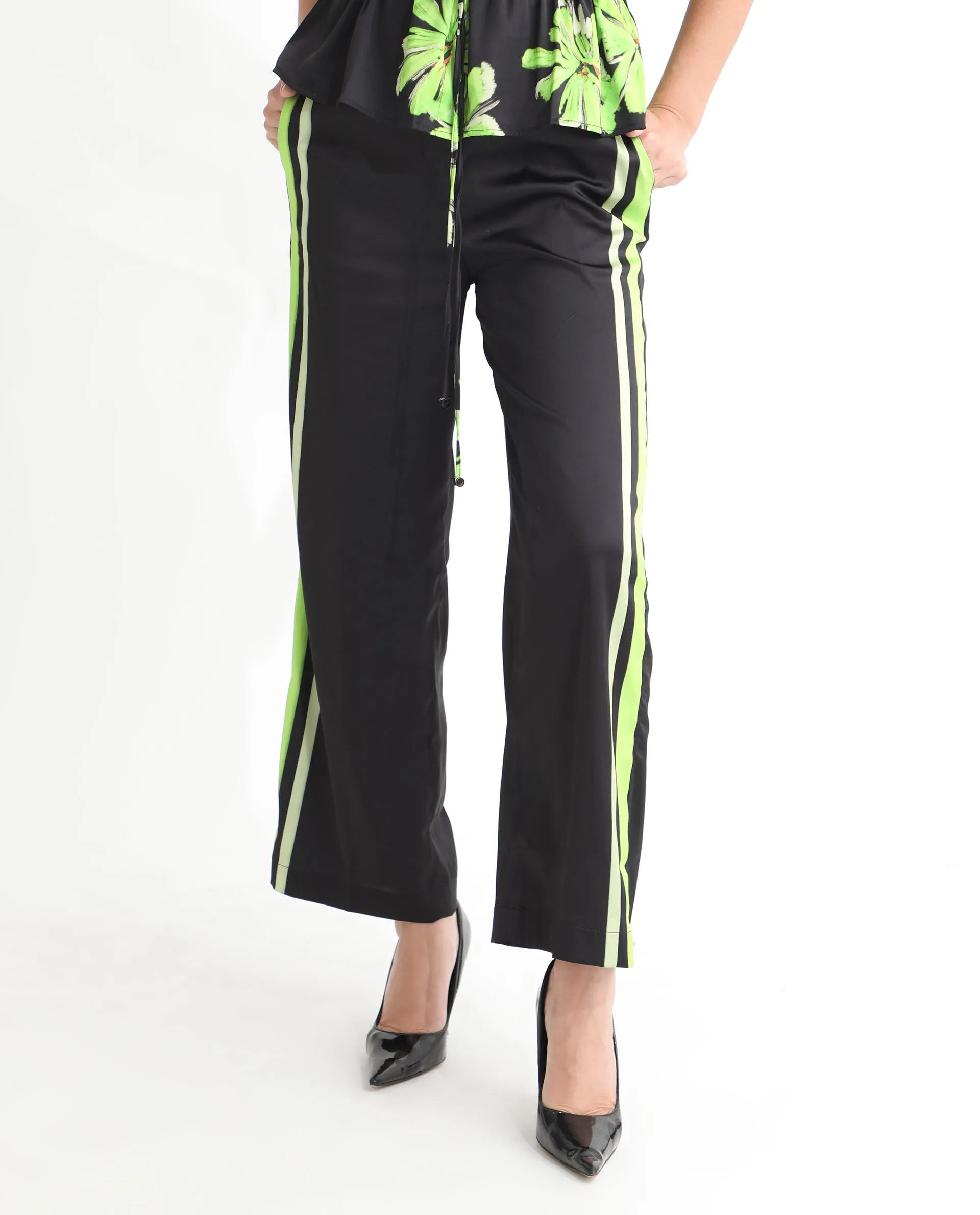 Rareism Women Gordon Black Polyester Fabric Drawstring Closure Regular Fit Striped Ankle Length Trousers