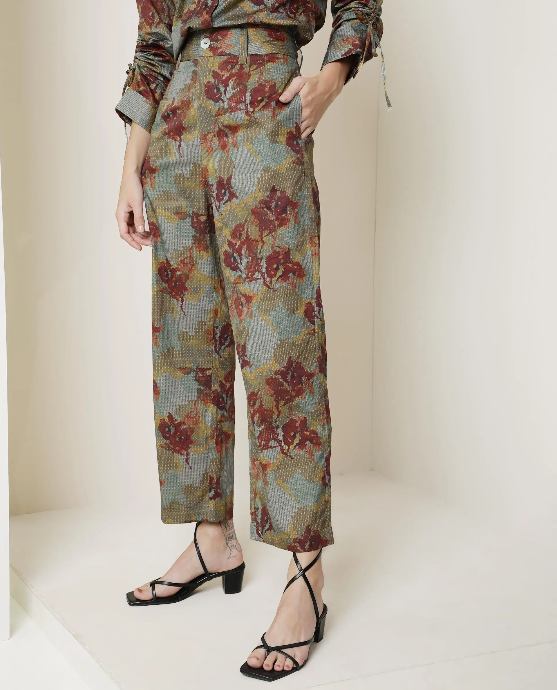 Rareism Women Milan Dark Olive Cotton Fabric Button Fly Closure Tailored Fit Floral Print Ankle Length Trousers