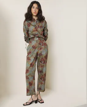 Rareism Women Milan Dark Olive Cotton Fabric Button Fly Closure Tailored Fit Floral Print Ankle Length Trousers