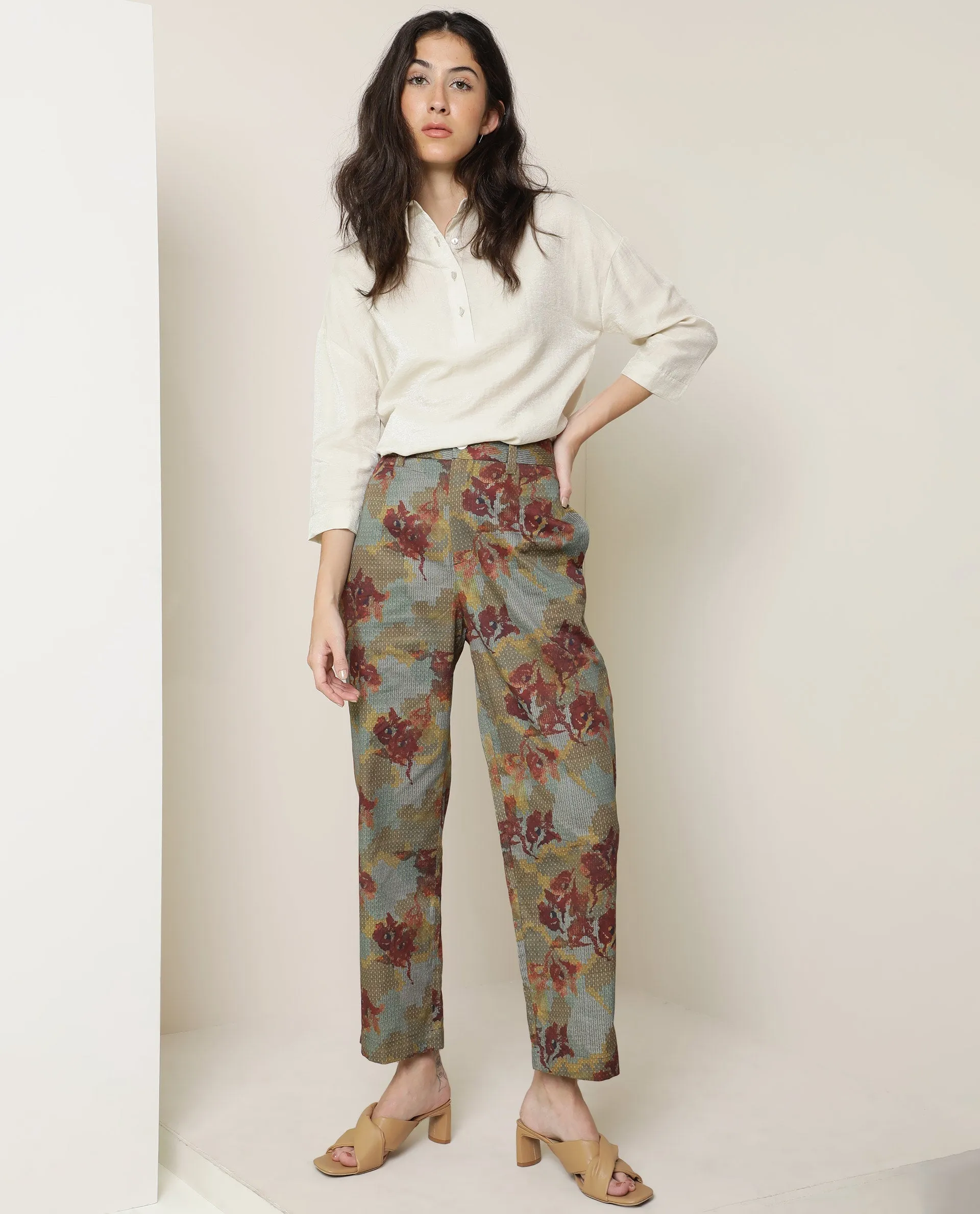 Rareism Women Milan Dark Olive Cotton Fabric Button Fly Closure Tailored Fit Floral Print Ankle Length Trousers