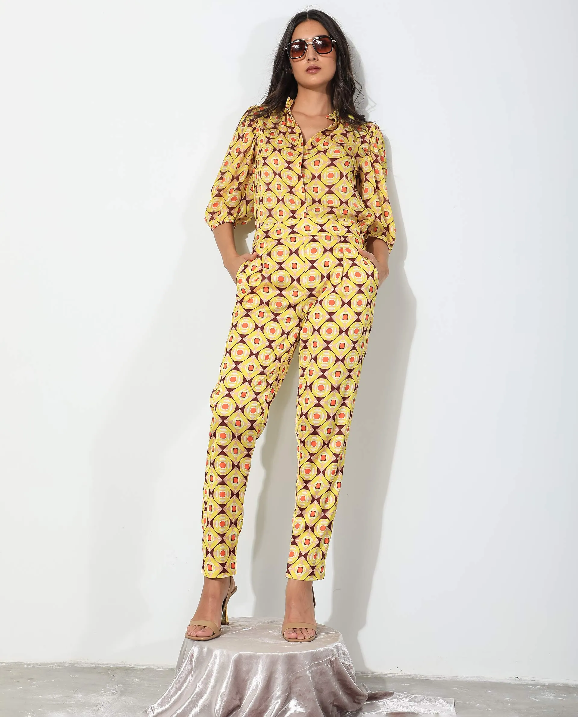 Rareism Women Robbie Yellow Polyester Fabric Regular Fit Geometric Print Ankle Length Trousers