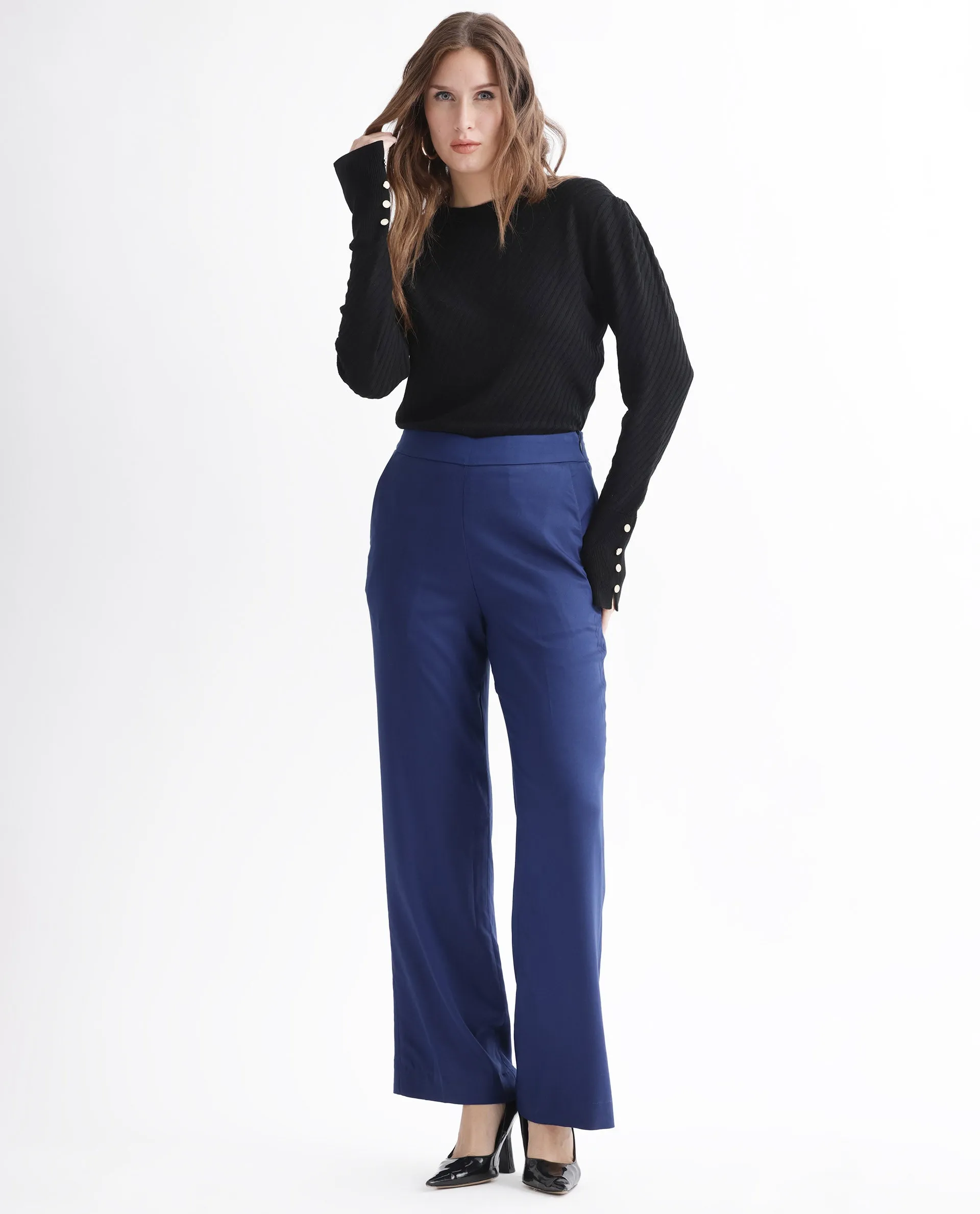 Rareism Women Rotel Navy Polyester Fabric Relaxed Fit Plain Ankle Length Trousers