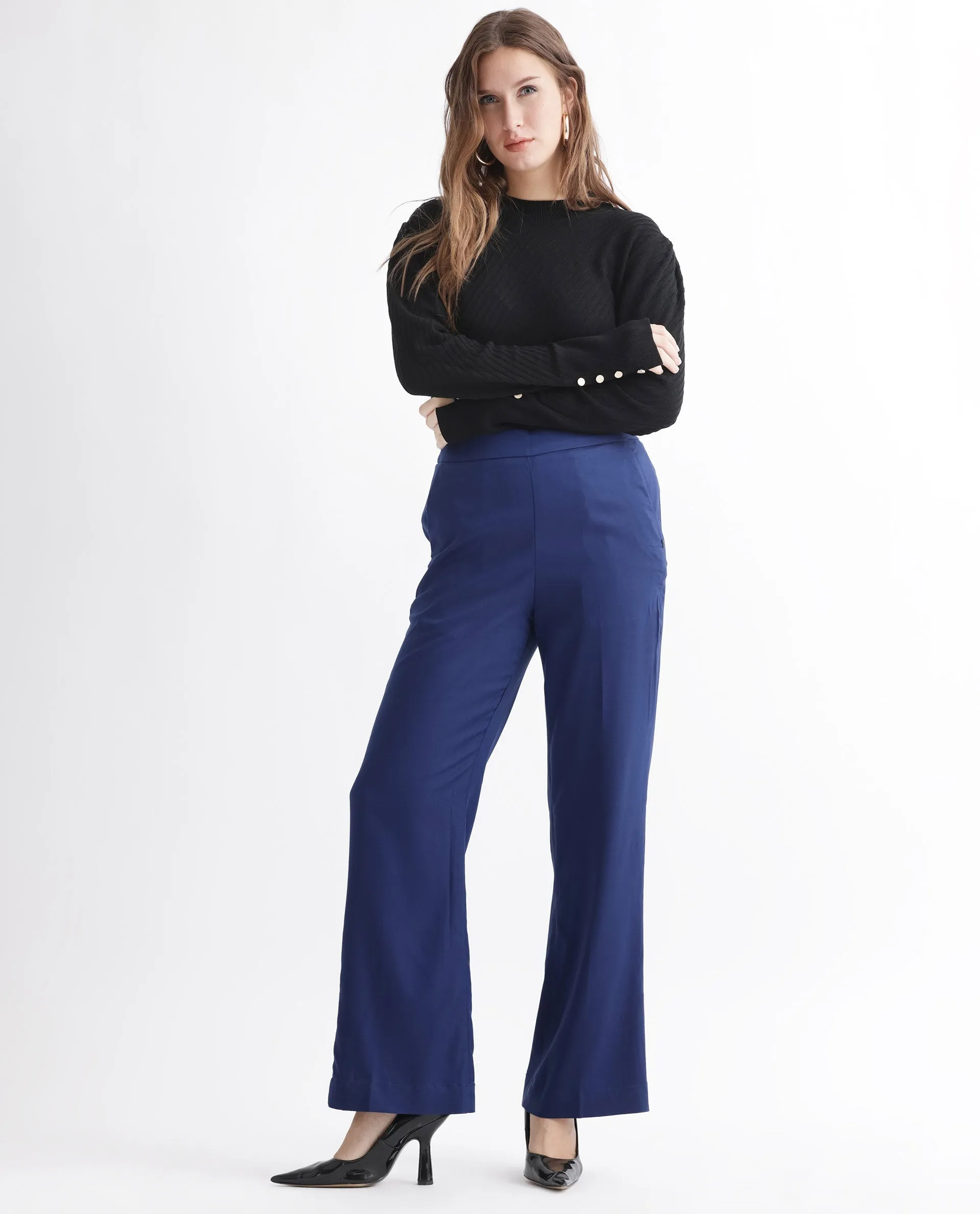 Rareism Women Rotel Navy Polyester Fabric Relaxed Fit Plain Ankle Length Trousers