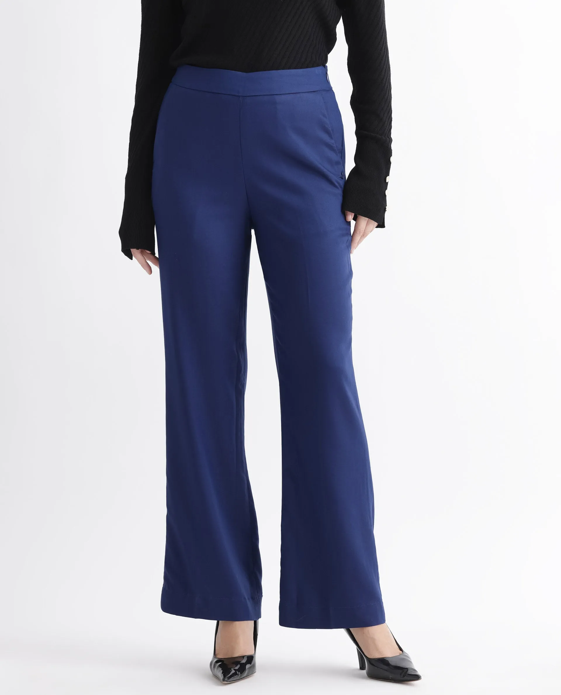 Rareism Women Rotel Navy Polyester Fabric Relaxed Fit Plain Ankle Length Trousers