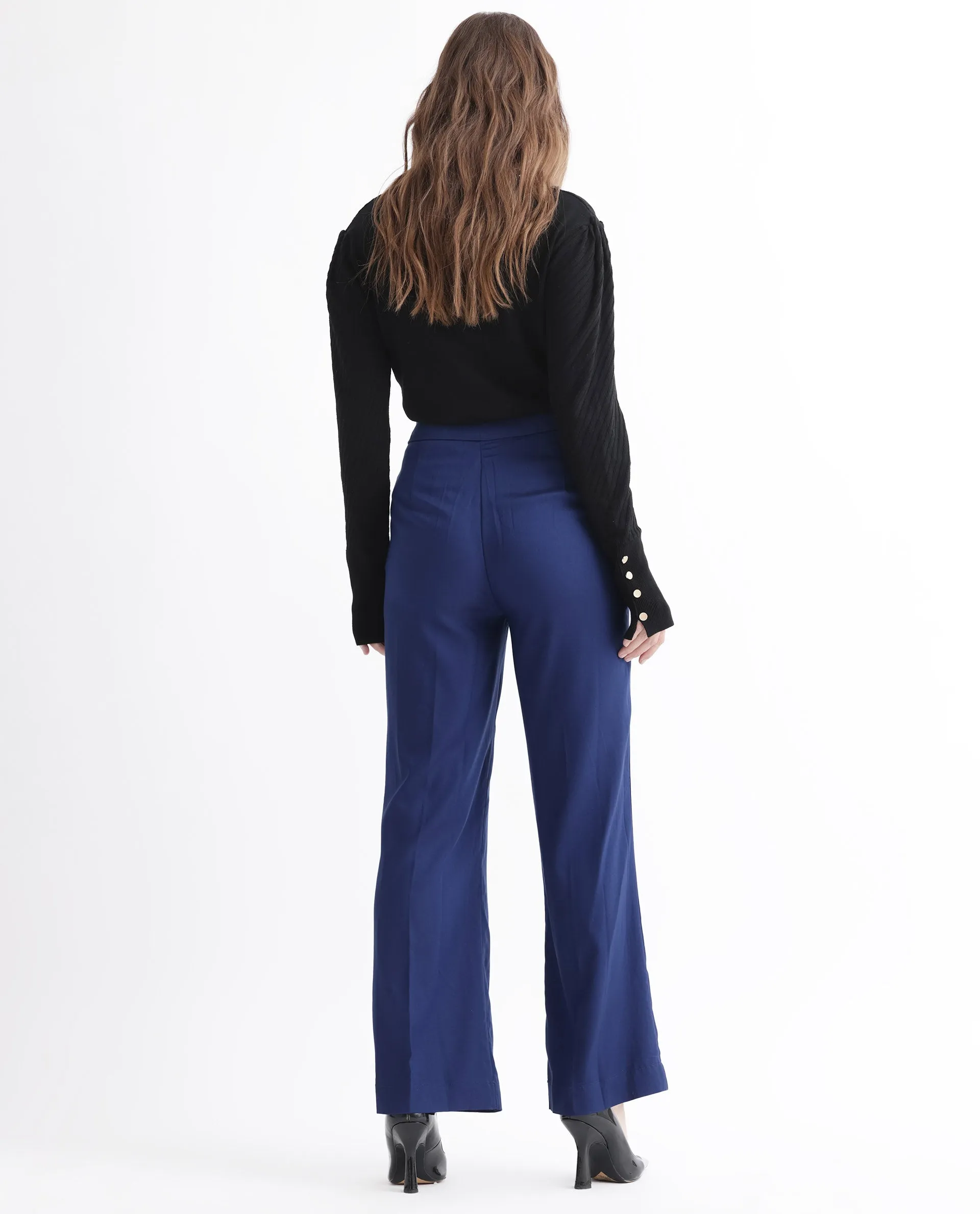 Rareism Women Rotel Navy Polyester Fabric Relaxed Fit Plain Ankle Length Trousers