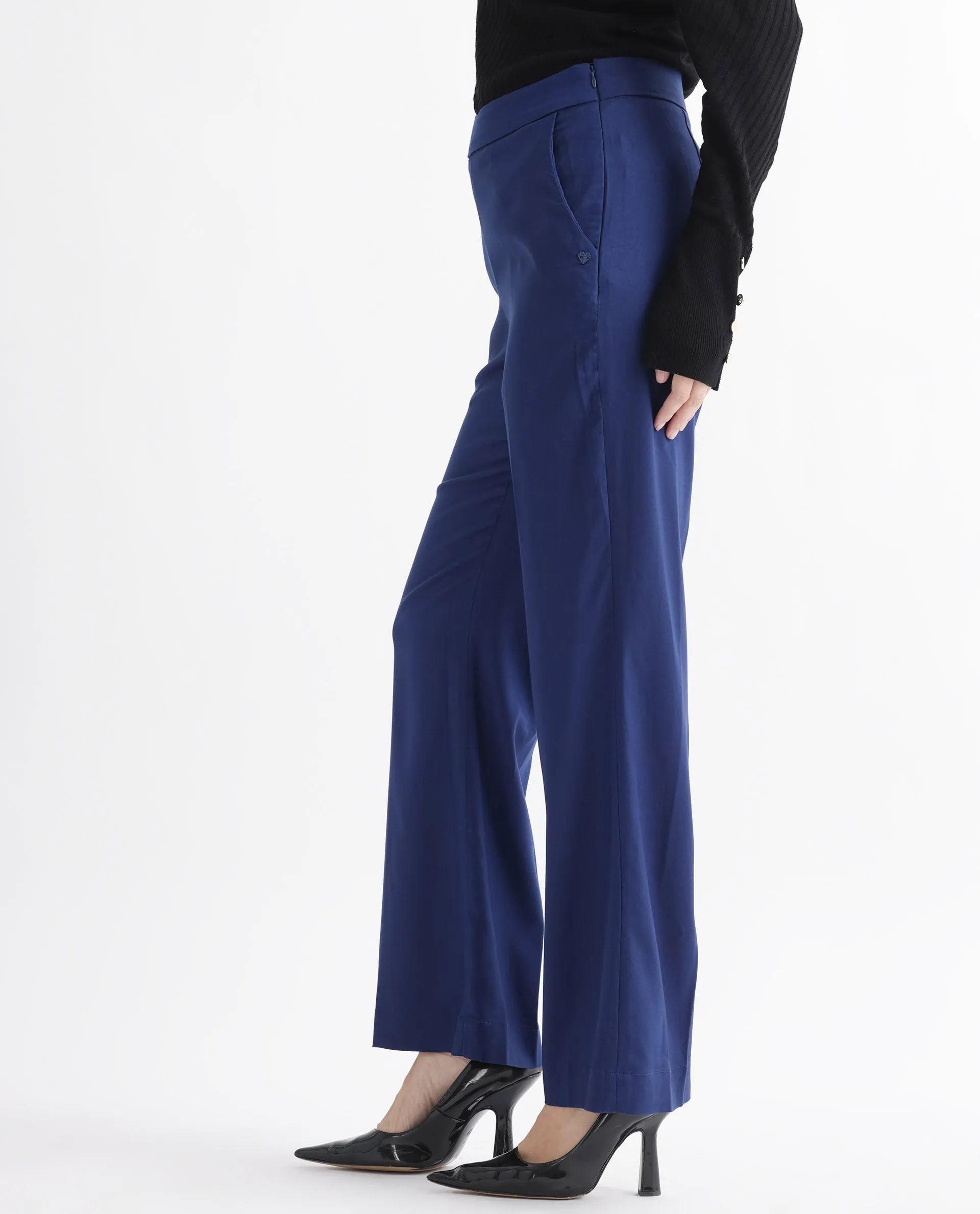 Rareism Women Rotel Navy Polyester Fabric Relaxed Fit Plain Ankle Length Trousers